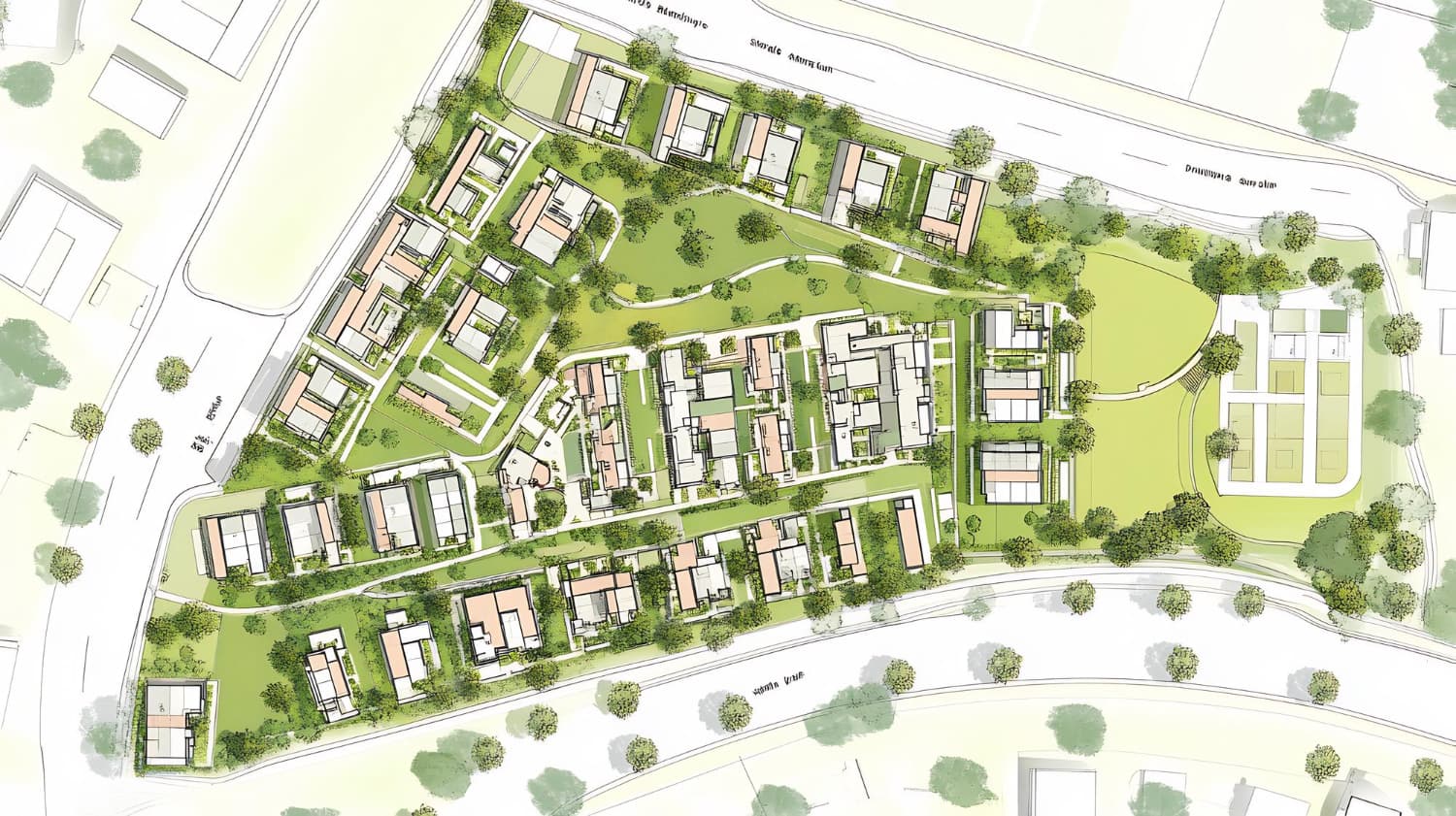 Site-plan illustration showing buildings, access roads and landscaped spaces