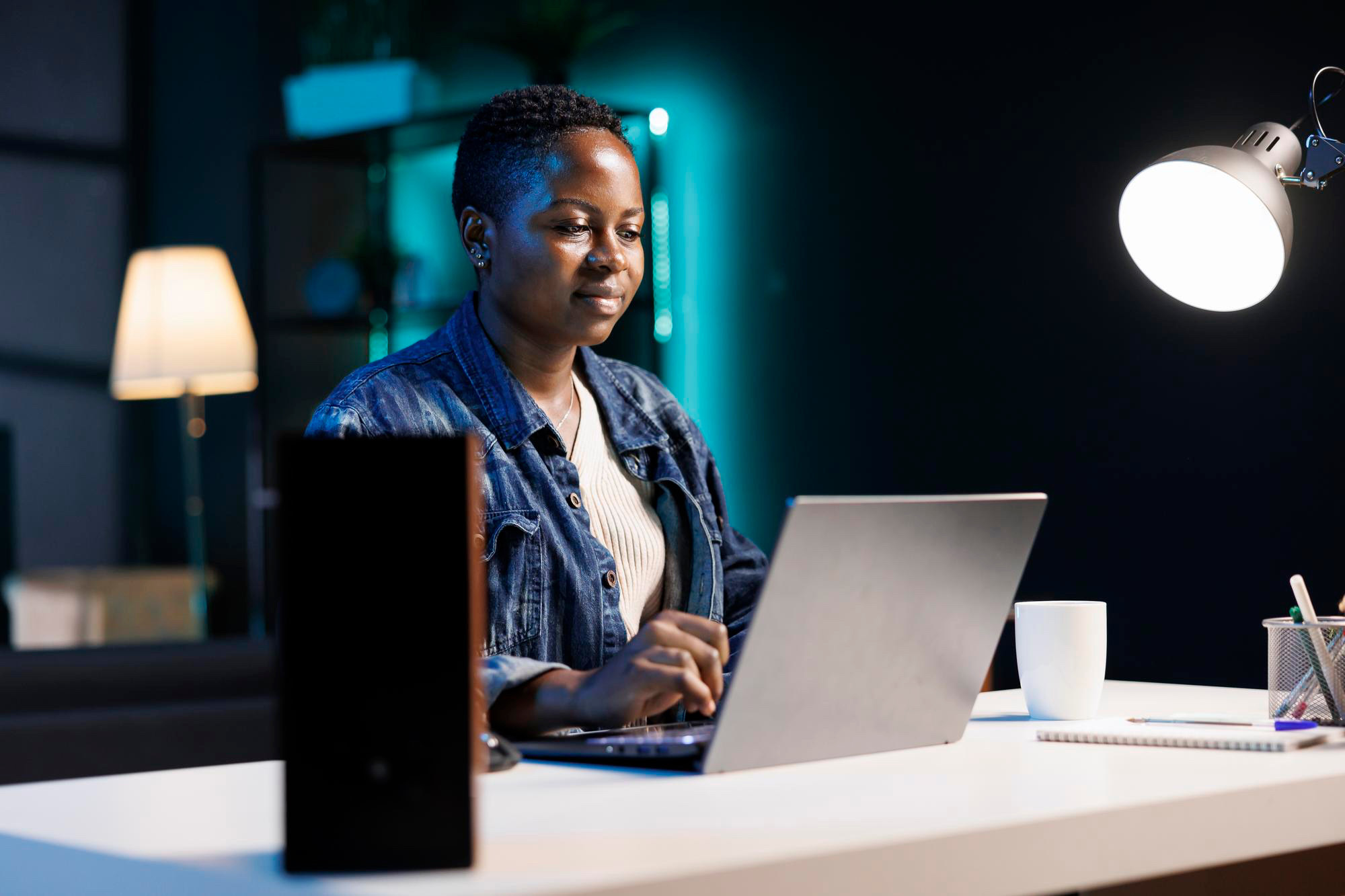 Professional using digital systems in a modern work environment