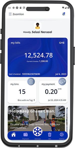 NeraSol waste-management application showing bills, bins and payment information